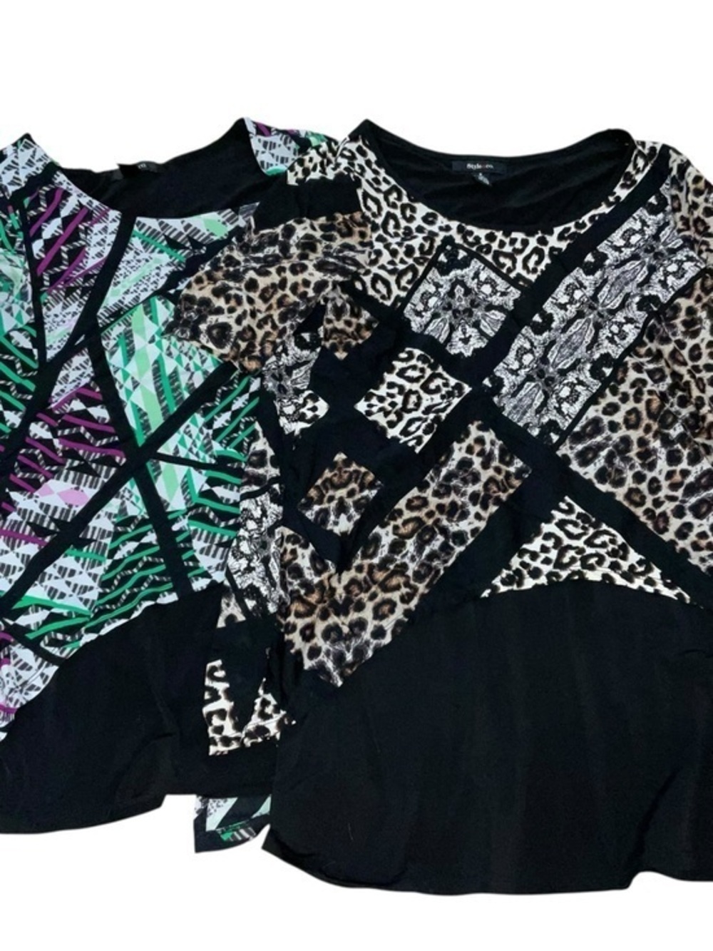 Style & Co Mixed Print Long Sleeve Top - Black with Leopard and Green Accents